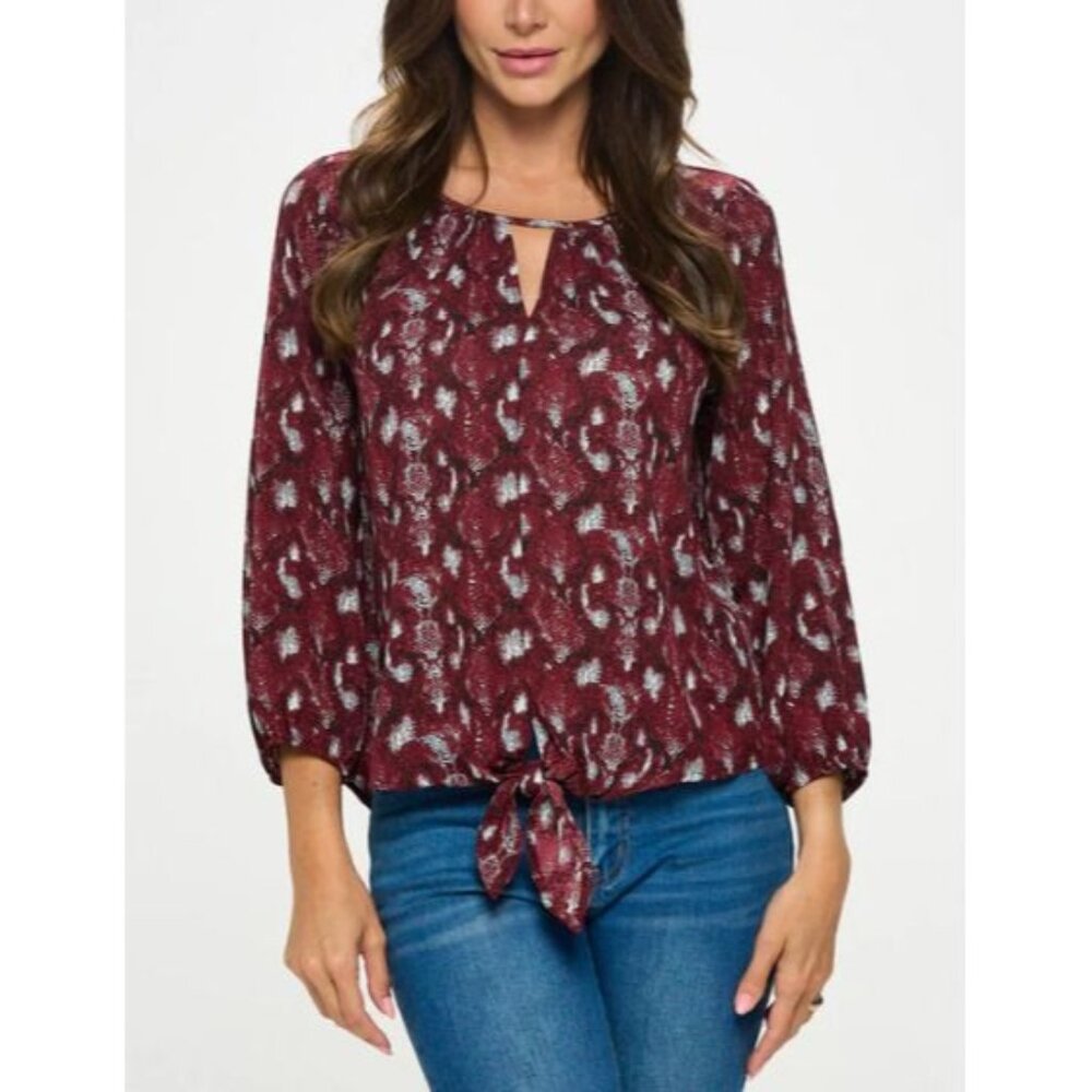 West K Women's Size XS Veronica Tie Front Blouse Burgundy Print 3/4 Sleeve